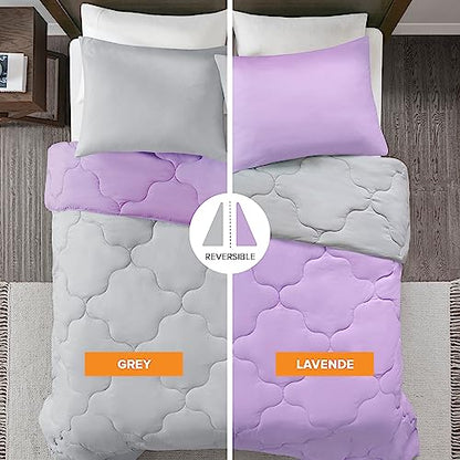 Comfort Spaces Vixie Reversible Comforter Set - Trendy Casual Geometric Quilted Cover, All Season Down Alternative Cozy Bedding, Matching Sham, Lavender/Gray, Full/Queen 3 piece | Down Alternative, All Season, Bedding for Bedroom, Geometric Pattern, Rever