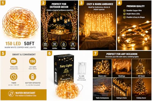 Christmas Hook™ 150 LED Fairy Lights, 50FT Warm White Copper Wire Lights, Battery Operated Fairy String Lights with Timer (6Hr/18Hr), Indoor Outdoor Fairy Lights for Room, Wedding, Mason Jar Decor