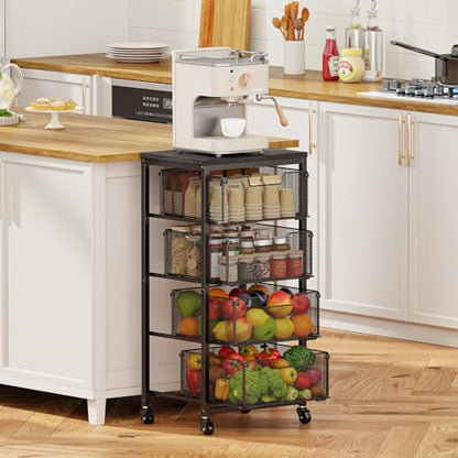 4-Tier Fruit Vegetable Storage Cart - Kitchen Organizer and Storage Cart with Wheels, Wooden Top Metal Wire Fruit Vegetable Rack Stand with Drawers to Storage Cans Snacks for Kitchen(Patent Pending) - size: 4-Tier