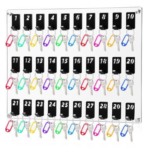 Beeveer Acrylic Key Holder Board with 30 Hooks, Wall Mount Organizer, Clear | Ideal for Offices, Schools, Hotels and Dealerships, Durable Acrylic Construction, Numbered Key Slots, Easy Wall Mount Design - color: Clear, size: 30 Hooks, style: Hook Only