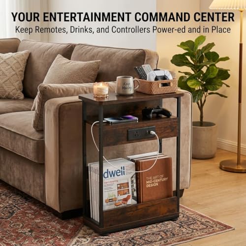Narrow Side Table With Charging Station, 3-Tier End Table with 2 USB Ports & Power Outlets,Thin Sofa Side Table for Narrow and Small Spaces, Bedside Table Nightstand for Living Room,Rustic Brown - color: Rustic Brown