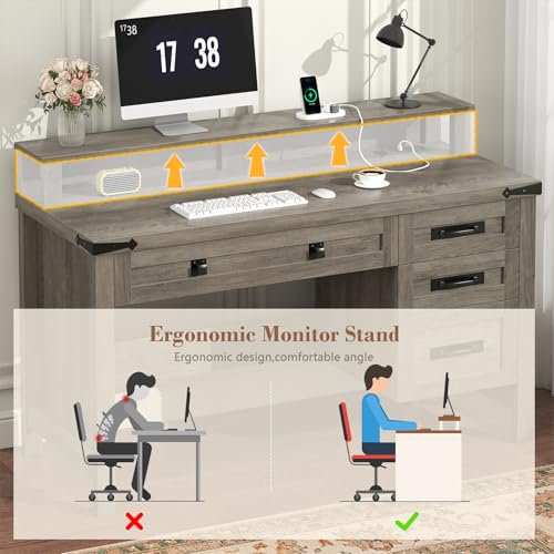 47" Farmhouse Computer Desk with 4 Drawers for Home Office, Bedroom | Executive Desk with Power Outlets, Home Office Desk with Monitor Stand & Drawers, Small Desk Writing Study Table, Grey - color: Grey