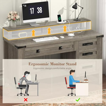 47" Farmhouse Computer Desk with 4 Drawers for Home Office, Bedroom | Executive Desk with Power Outlets, Home Office Desk with Monitor Stand & Drawers, Small Desk Writing Study Table, Grey - color: Grey