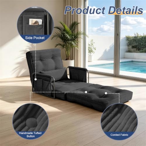 Futon Sofa Bed,Convertible Sofa Bed,Folding Boneless Couches | 3-in-1 Folding Sofa Bed,Boneless Couches for Living Room with Pillow & Side Pocket,High-density Foam,Single Sleeper,Black - color: Balck, size: Single