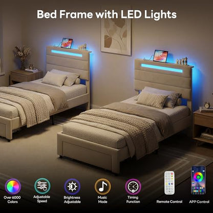 LIKIMIO Twin Bed Frames with Storage Drawer, Lights & Charging Station | Upholstered Modern Platform Bed, Twin Bed Frame with Headboard, No Box Spring Needed, Easy Assembly, Noise-Free, White - size: Twin