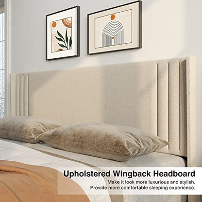 Gizoon Queen Bed Frame with Wingback Headboard, Upholstered Platform Bed | Bed Frame with Padded Headboard,Wooden Slats, Noise-Free, No Box Spring Needed, Easy Assembly,Beige - color: Beige, size: Queen