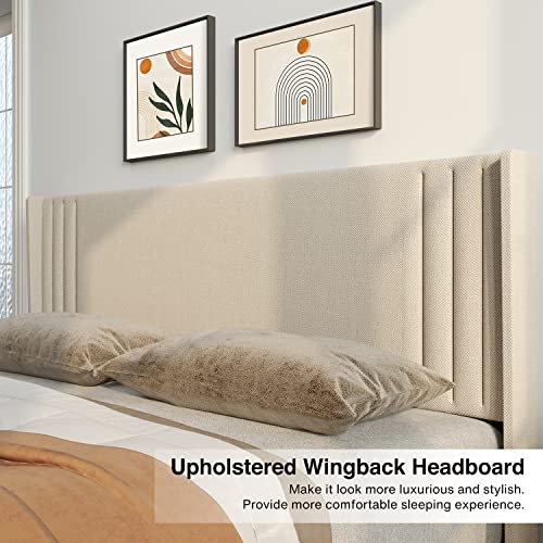 Gizoon Full Bed Frame with Wingback Headboard, Upholstered Platform Bed | Bed Frame with Padded Headboard,Wooden Slats, Noise-Free, No Box Spring Needed, Easy Assembly,Beige - color: Beige, size: Full