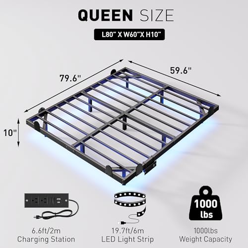 qimamo 10 Inch Floating Queen Bed Frame with Smart LED Lights and Charging Station, Modern Metal Queen Bed Frame, Easy to Assemble, No Box Spring Needed (Queen) - size: Queen (U.S. Standard), style: Floating Look 10"