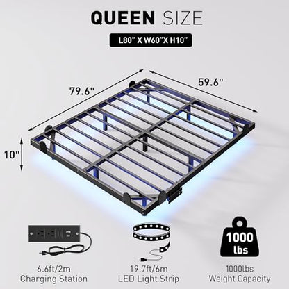 qimamo 10 Inch Floating Queen Bed Frame with Smart LED Lights and Charging Station, Modern Metal Queen Bed Frame, Easy to Assemble, No Box Spring Needed (Queen) - size: Queen (U.S. Standard), style: Floating Look 10"