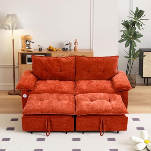 73" Plush Velvet Convertible Loveseat Sleeper Sofa Bed, Loveseat Convertible with Hidden Mattress, Sofa Bed Couch Simple Assembly for Small Apartment and Guest Space, Orange - color: Orange