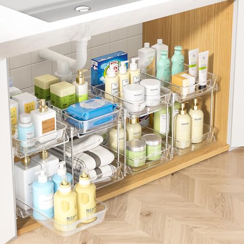 4-Pack 2-Tier Under Sink Organizer with Pull Out Drawers | Multi-use kitchen & bathroom storage. Includes hanging hooks and cups. transparent, space-saving cabinet design. 11.2 Inch - color: transparent, size: 11.2 Inch