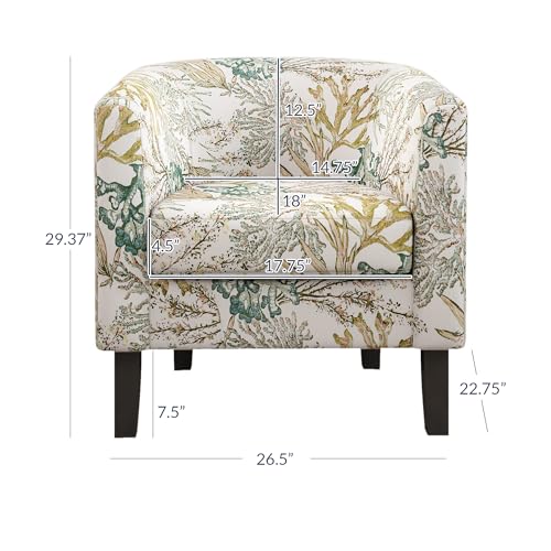 BELLEZE Living Room Chair, Linen Round Accent Barrel Chair, Club Tub Sofa Chair for Bedroom, Corner Chair with Flared Legs and Cozy Soft Padding - Highland (Green Coral) - color: Highland Green Coral, size: 1 Chair