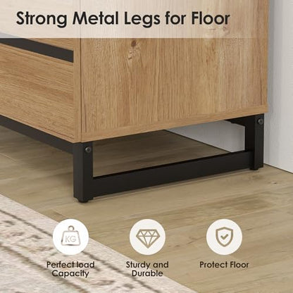 WAMPAT Modern TV Stand with 3 Tiers Bookshelf, Farmhouse Entertainment Center with 4 Large Storage Cabinets and Adjustable Shelf, Wooden Media TV Console with Black Metal Leg for Living Room, Oak - color: Oak-a