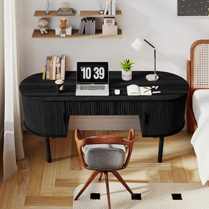 Home Office Oval Desk with Sliding Tambour Door and Drawer, Modern Fluted Wood Executive Computer Storage Desk for Study, Living Room, Bedroom, Office - Black - color: Black