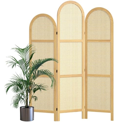3-Panel Hand-Woven Rattan Room Divider, Tall Foldable Privacy Screen with Wooden Frame - Freestanding Portable Partition for Home Office, Bedroom, Bathroom(Natural-Wave) - color: Natural-wave