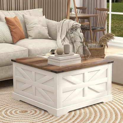 TaoHFE Lift Top Coffee Table with Storage,Rustic White Farmhouse Coffee Table, Square Storage Compartment and Adjustable Shelves Coffee Tables for Living Room (Oak White) - color: Oak White