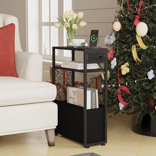 Leomonio Black Side Table with Charging Station, Slim End Tables with Fabric Basket, Skinny Table for Small Spaces, Thin Bedside Table for Living Room, Bedroom - color: Black - Outlet