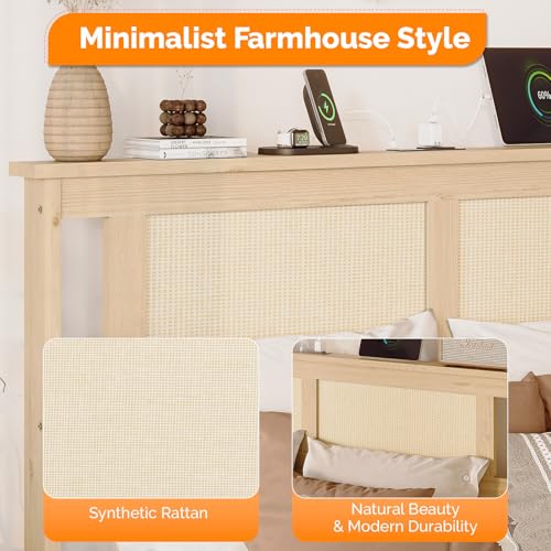 VINGLI Bed Frame Full Size with Rattan Headboard,Boho Platform Bed with Underbed Storage and Charging Ports for Bedroom,Solid Wooden Slats Surpport,Noise-Free,Natural - size: Full