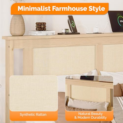 VINGLI Bed Frame Full Size with Rattan Headboard,Boho Platform Bed with Underbed Storage and Charging Ports for Bedroom,Solid Wooden Slats Surpport,Noise-Free,Natural - size: Full