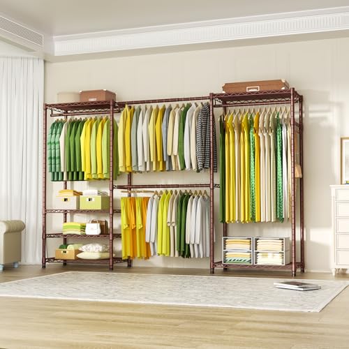 E1 Heavy Duty Closet Garment Rack, 6 Tiers Adjustable Clothes Rack | Bronze Freestanding Expandable Clothing Storage with 4 Hanger Rods, Easy to Assemble Wardrobe System - color: Bronze