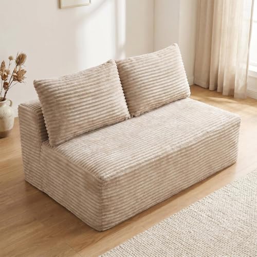 Boneless Couch for Bedroom, Small Compact Loveseat for Small Spaces | Comfy Lounge Chair Cloud Love Seat Armless with 2 Headrest for Apartment Living Room - color: Camel
