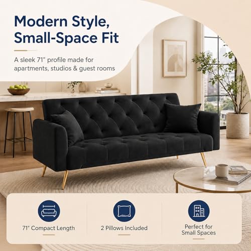 Majnesvon 71" Convertible Folding Sleeper Sofa Couch,Modern Velvet Loveseat Sleeper with 2 Pillows, Futon Sofa Bed with Mattress and Frame for Living Room,Bedroom,Small Space (Black) - color: Black