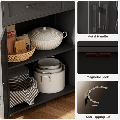 Homhedy Coffee Bar Storage Cabinet with Drawers, Kitchen Buffet Cabinet | Sideboard Cabinet with Doors, Farmhouse Buffet Cabinet, Adjustable Shelves, for Kitchen / Dining / Living Room, Black - color: Black