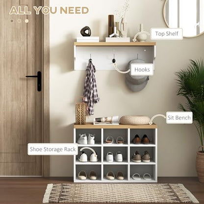 HOMCOM 2-in-1 Coat Rack Shoe Bench Set, 5-Hook Hall Tree with Bench, White | Shoe Storage for 9 Pairs of Shoes, Coat Rack with Bench, Entryway, Hallway