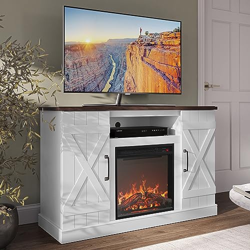 BELLEZE 47" TV Stand with 18" Electric Fireplace Heater & Media Entertainment Center Console Table for TV up to 50" with Open Storage Shelves & Cabinets - Veropeso (White) - color: White, style: 47" TV Stand/W 18" Fireplace
