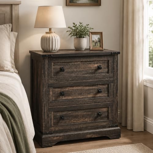 T4TREAM 32" Farmhouse 3 Drawer Dressers, Large End Table w/Charging Station | Rustic Wood Bedside Table for Bedroom, Living Room, Hallway, Dark Rustic Oak - color: Dark Rustic Oak, size: 15.8"D x 32"W x 32"H (3 Drawers)