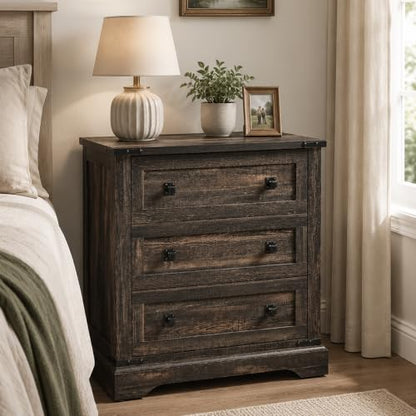 T4TREAM 32" Farmhouse 3 Drawer Dressers, Large End Table w/Charging Station | Rustic Wood Bedside Table for Bedroom, Living Room, Hallway, Dark Rustic Oak - color: Dark Rustic Oak, size: 15.8"D x 32"W x 32"H (3 Drawers)