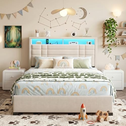 EnHomee Full Upholstered Bed Frame with Charge Station & LED Lights, Beige | 2-Tier Shelves Headboard, 12" Under-Bed Storage Space, Noise-Free, No Box Spring Needed, Easy Assembly - color: Beige, size: Full
