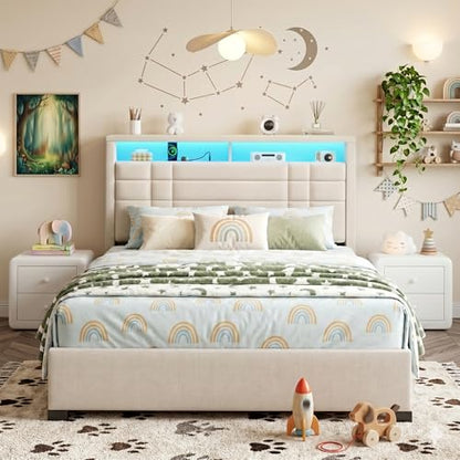 EnHomee Full Upholstered Bed Frame with Charge Station & LED Lights, Beige | 2-Tier Shelves Headboard, 12" Under-Bed Storage Space, Noise-Free, No Box Spring Needed, Easy Assembly - color: Beige, size: Full