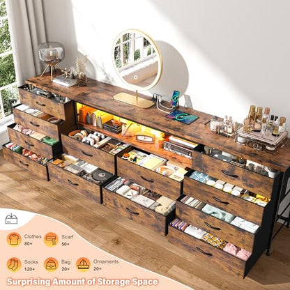 EnHomee 12 Drawers Dresser for Bedroom,TV Stand Fits 55/65/70 inch TVs | Entertainment Center with LED Lights & Power Outlets,Long Fabric Dresser with 2 Wood Shelves for Living Room,Brown Wood Grain - color: Brown Wood Grain
