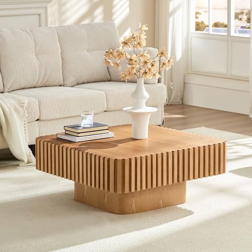 JUSTONE 35-inch Mid-Century Modern Drum Coffee Table, Handcrafted Wood Round Center Table for Living Room, Home Office, Natural Ash - color: 35.43'' - Natural Ash-1