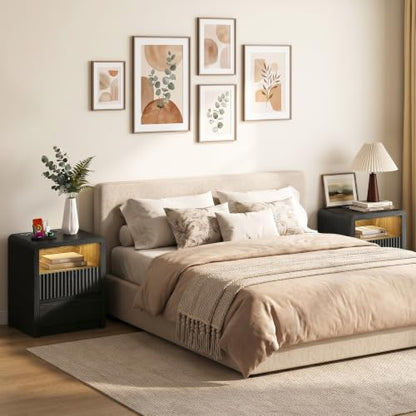 LYNSOM Fluted LED Nightstand Set of 2, Charging Station & 2 Drawers, Black | Mid Century Modern Night Stand with Stoarge, Wood Bedside End Table with Curved Edge for Bedroom, Living Room, Office, 20" W - color: Black, size: 2 Drawers