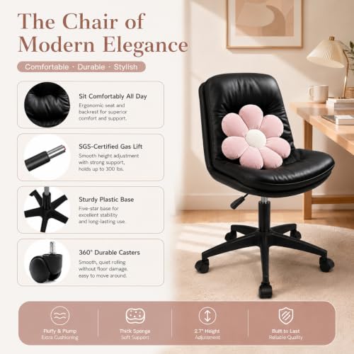 Adjustable Height Vanity Chair with Backrest, Armless PU Leather Desk Chair with Wheels & Lumbar Support, 360° Swivel Ergonomic Computer Office Chair for Home Office Makeup Desk, Black - color: Black