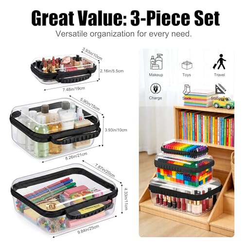 3 Pack Clear Hard Shell Zipper Storage Case Deep Capacity Organizer Pouches | PET Waterproof Transparent Bags with Handle 1.2mm Thick for Makeup Toiletries Cosmetics Toys Art Supplies Travel Essentials - color: black