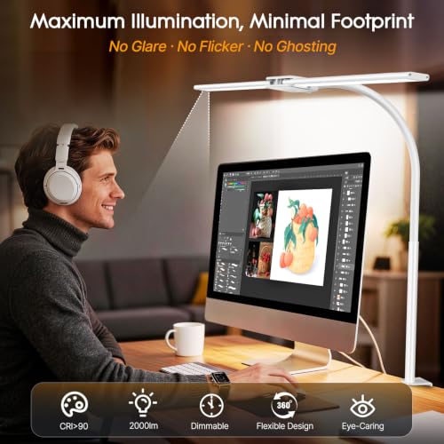Syrinx LED Desk Lamp, Dual Head Desk Light with Clamp, Eye-Care Table Lamp | Flexible Gooseneck Task Light with Motion Sensor, Wired Control, 50 Lighting Modes, Timer & Memory Function for Home Office - color: White