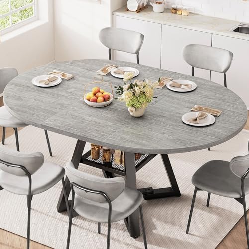 Extendable Dining Table for 4-8, Round Extendable Dining Room Table with Removable Leaf & Storage Shelf, Expandable Oval Kitchen Table with Pedestal Base, Modern Industrial Space Saving (Grey) - color: Grey