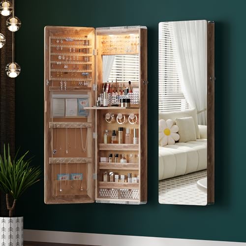 HNEBC Full Length Mirror with Storage, Wall Mounted Jewelry Cabinet with Lights, Lockable Over Door Jewelry Organizer with Drawer, Foldout Makeup Tray 47.2" Hx14.5 Wx3.9 D,Natural - color: 93A-natural