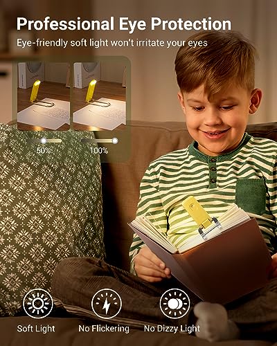 DEWENWILS Rechargeable Book Light for Reading in Bed, Warm White, Brightness Adjustable for Eye Care, LED Clip on Book Lights for Kids, Portable Bookmark Light, Yellow | 315° Flexible Holder Bends, 2 Brightness Levels, Warm White, Portable Bookmark Light