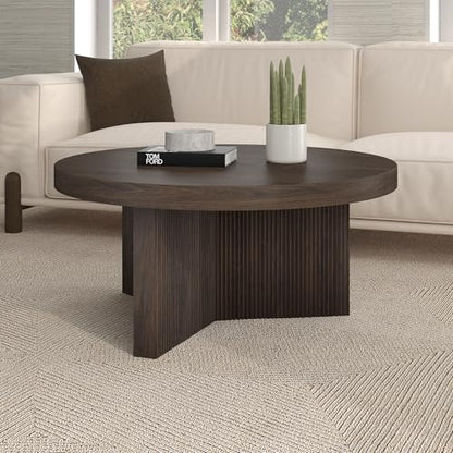 Henn&Hart 32" Scandinavian Fluted Coffee Table, Rich Brown | Ribbed pedestal base and low profile bring Scandinavian style to small spaces including living rooms or family rooms - color: Rich Brown, size: 32 inches