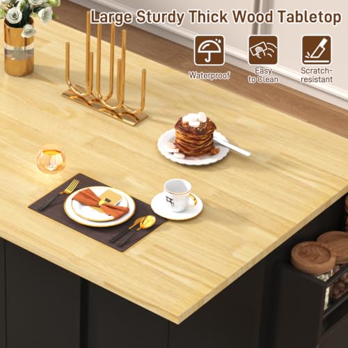 67" Large Movable Kitchen Island w/Sliding Drop Leaf,Power Outlet, Kitchen Rolling Island Cart w/ 2 Drawers, Island Table on Wheels w/Trash Storage Cabinet,Spice Rack, Towel Bar,Garage Hook, Black - color: Black, size: 17.7"D x 66.9"W x 35.8"H