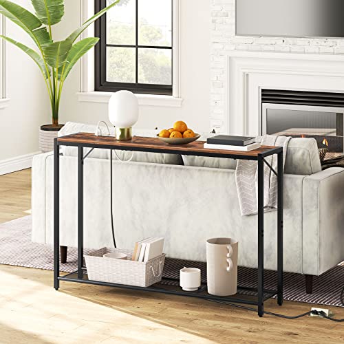 MAHANCRIS 43.7" Console Table with Outlet, Narrow Sofa Table with 2 Shelf | 2 Tier Behind Couch Table, Charging Station, Steel Frame, for Entryway, Living Room, Foyer, Hallway, Office, Rustic Brown - color: Rustic Brown
