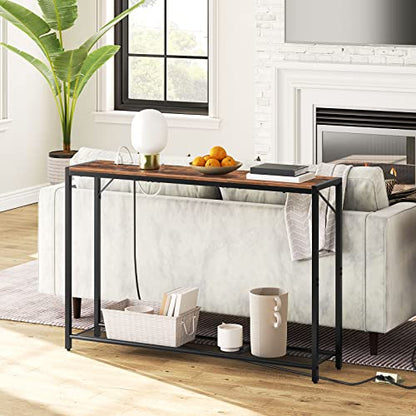 MAHANCRIS 43.7" Console Table with Outlet, Narrow Sofa Table with 2 Shelf | 2 Tier Behind Couch Table, Charging Station, Steel Frame, for Entryway, Living Room, Foyer, Hallway, Office, Rustic Brown - color: Rustic Brown