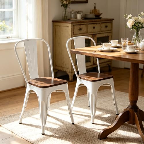 Penau Dining Chairs Set of 2, Stackable, White Walnut | High Gloss White Finish, Walnut Wooden Seat, Stackable Storage, Indoor Outdoor Use, Easy Assembly