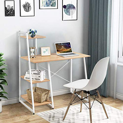 Tangkula Computer Desk with 4 Tier Shelves, Writing Desk Study Desk, Compact Computer Desk Workstation with X-Shaped Metal Frame & Adjustable Foot Pads, Home Office Desk (Natural) - color: Natural & White