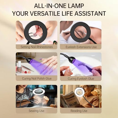 AORAEM LED UV Nail Lamp with Double-Head and 6X Magnifier, Black | Gooseneck Lamp for Gel Nails, Flash Cure Lamp for Home DIY Salon - color: Magnifier-Black
