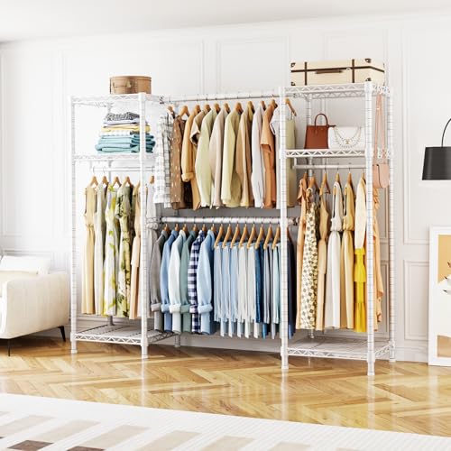 E7 Heavy Duty Garment Rack, Metal Clothing Racks for Hanging Clothes | Freestanding Closet System with 2 Extendable Rods and 6 Shelves, Portable Wardrobe Storage System for Holding 838 lbs, White - color: White